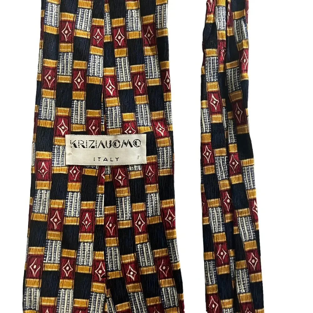 Krizia Uomo Italy Blue Red Yellow Rectangle Diamond Geometric Silk Tie
